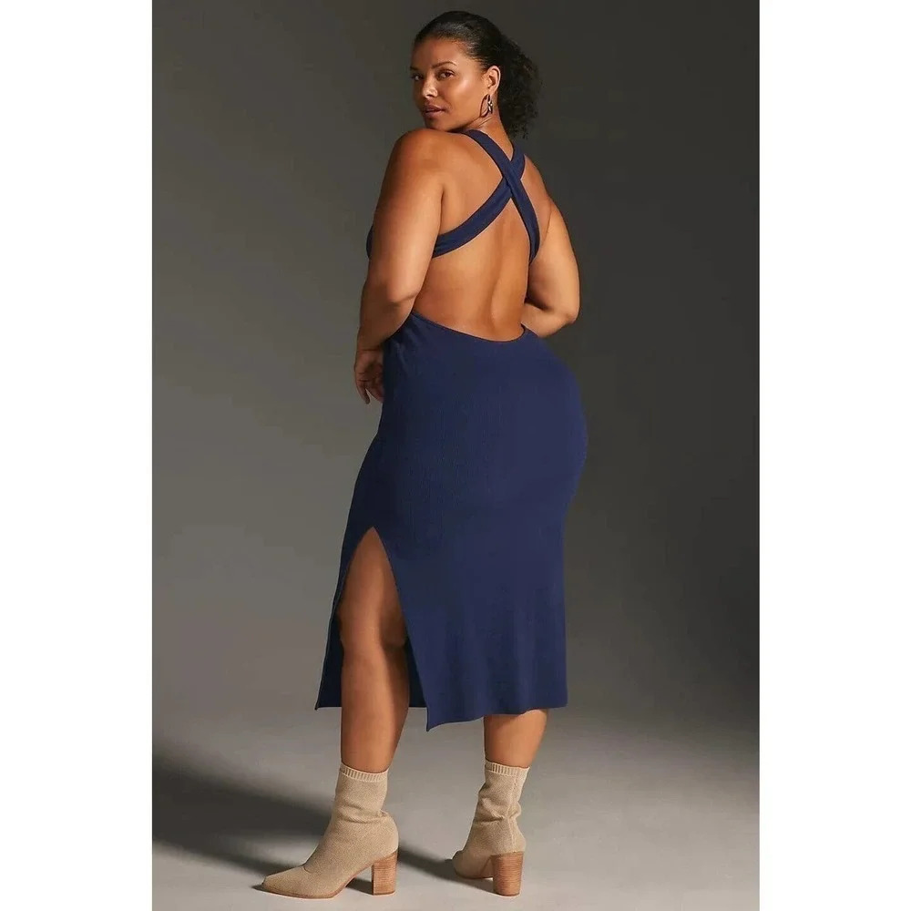NWT ANTHROPOLOGIE Bordeaux Cutout Knit Dress SIZE 1X Navy
